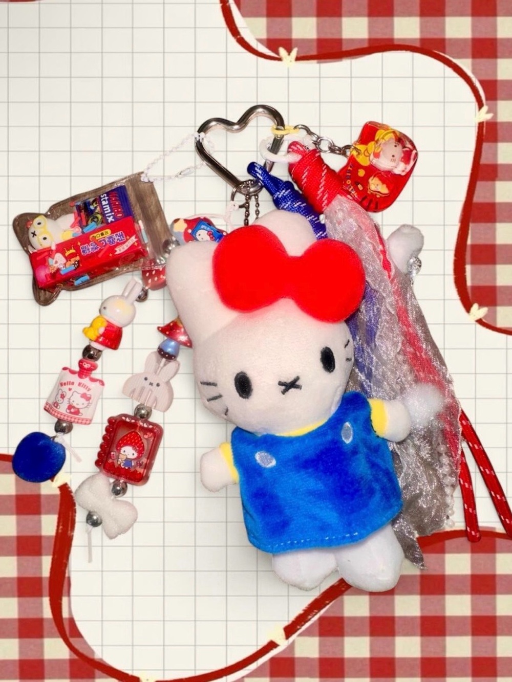 Handmade MiffyXHello Kitty Plush Keychain with Red Bow & Blue Outfit